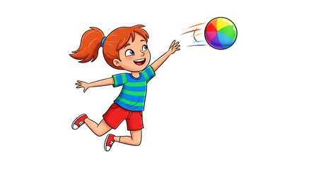 Cartoon Girl Reaching for Colorful Ball While Jumping in the Air