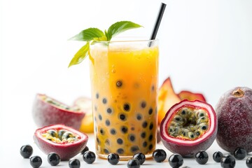 Fototapeta premium A scattered arrangement of passion fruit and bubble tea on a clean white background, highlighting vibrant colors and tropical flavors in a fresh composition. .