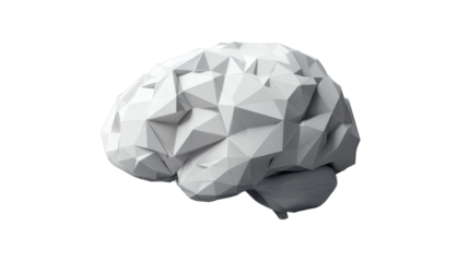 White low poly brain rendering on transparent background representing artificial intelligence