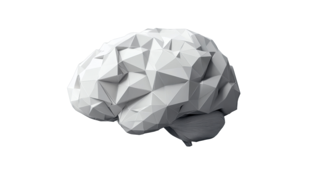 White low poly brain rendering on transparent background representing artificial intelligence
