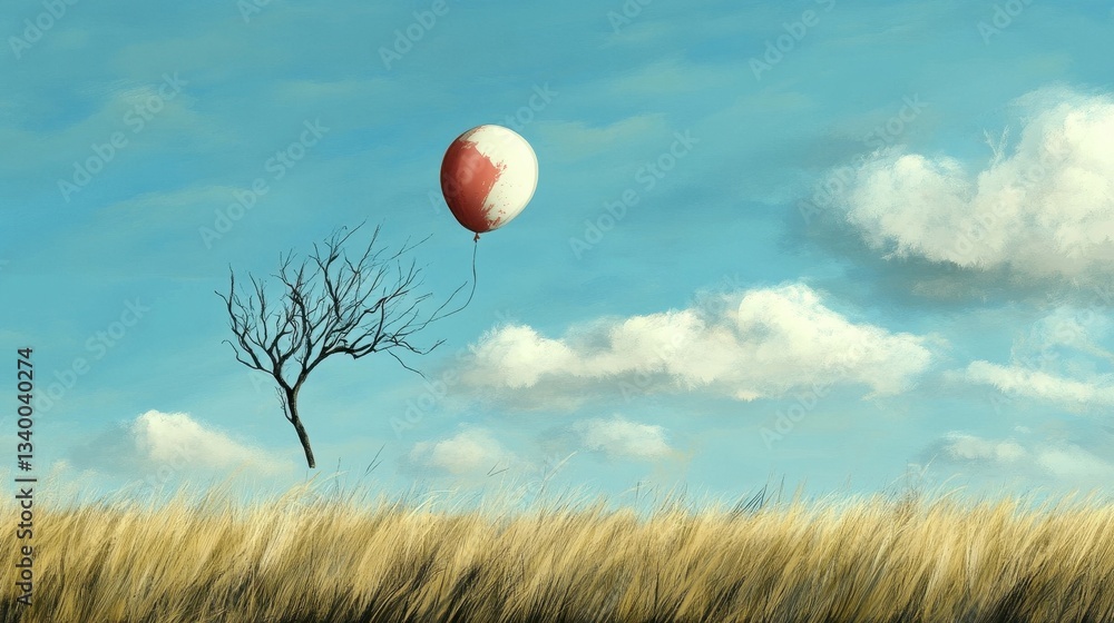Poster a floating tree is linked to a balloon in open skies