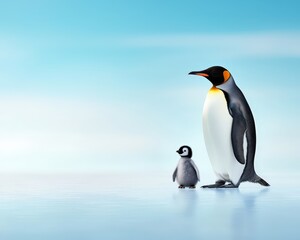 Fototapeta premium Majestic Emperor Penguin with Adorable Chick on Icy Background