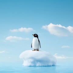Naklejka premium Cute Penguin Standing on an Iceberg in a Calm Ocean Environment