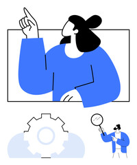 Woman gesturing upward, gear symbolizing process, person with magnifying glass exploring detail. Ideal for innovation, teamwork, research, planning, discovery strategy analysis. Flat simple