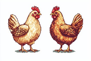 Fototapeta premium A classic 8-bit pixelated chicken shown in front and side views while pecking, isolated on a white background, designed for a retro farm animal aesthetic. .