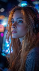 Fototapeta premium Close-up profile view of a young woman's face illuminated by vibrant neon lights. The image features a shallow depth of field, emphasizing the soft focus on the woman's skin and hair. The background
