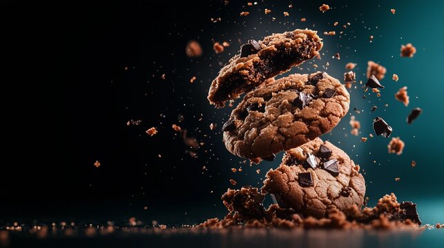 A high-dynamic-range image showcases three chocolate chip cookies in a dynamic, suspended state against a dark, moody background. The cookies appear to be mid-fall or levitation, with fragments and