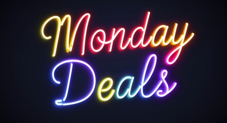 Fototapeta premium Monday deals glowing colorful neon cursive calligraphy lettering on plain black dark background