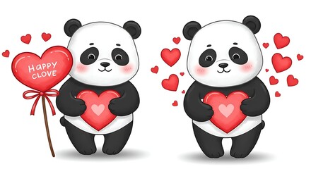 Naklejka premium Cute Cartoon Panda Bears Holding Red Hearts for Love and Valentine's