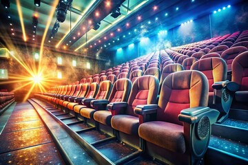 Fototapeta premium Double Exposure: Cinema Seats & Film Reel, Movie Theater Interior Stock Photo