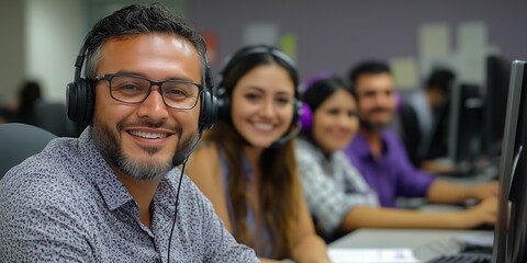 Close-up shot of a diverse group of customer service representatives wearing headsets, smiling at the camera. The image exhibits shallow depth of field, focusing primarily on a male representative in