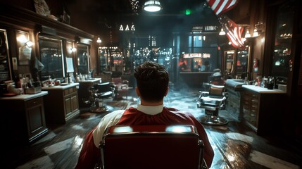 Naklejka premium The image showcases the interior of a vintage barbershop, dimly lit with a low-key atmosphere. The central focus is a man seated in a barber chair, his back to the camera. The barbershop's interior