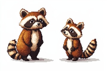 Fototapeta premium A pixelated 8-bit raccoon depicted in two angles—front-facing in a cute stance and side view sneaking with its striped tail visible—isolated on a white background in a retro game style. .