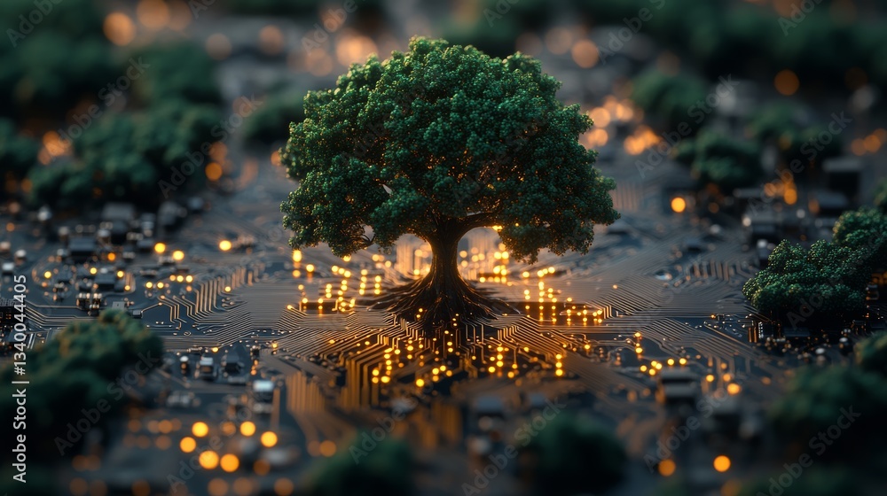 Poster tree growing on illuminated circuit board, technology and nature fusion concept
