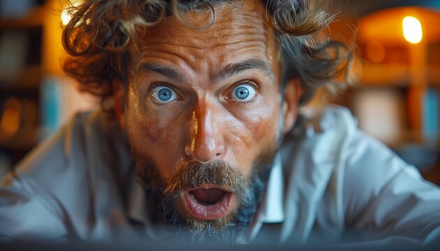 A close-up, high-angle shot depicts a man with light skin, curly brown hair, and a full beard. His mouth is open in a surprised expression. His eyes are wide, conveying shock and disbelief. The focus
