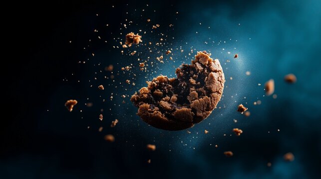 A high-dynamic-range image depicts a chocolate chip cookie in the midst of an explosion.  The cookie is centrally located, fractured into numerous pieces that are scattered outward against a dark