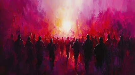 A vibrant, abstract painting depicts a large crowd of people walking towards a bright light, set against a backdrop of fiery, dramatic colors