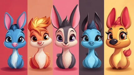 Adorable Cartoon Animals: Five Cute Creatures in Vibrant Colors