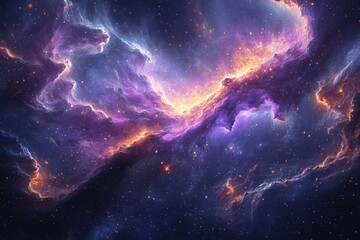 Fototapeta premium Swirling nebulas and galaxies collide in deep space, generating brilliant purple and blue energy waves, scattered stardust, and glowing celestial bodies. .