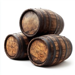 Close-up shot of three aged wooden barrels stacked in a triangular formation against a pure white background.  The barrels exhibit a rich, dark brown hue with visible wood grain, texture, and signs