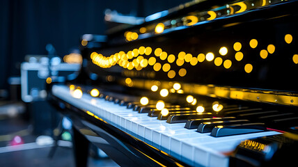 Vibrant Elegance: Close-Up on Piano Keys with Artistic Bokeh Lighting – Captivating Nighttime Concert Photography