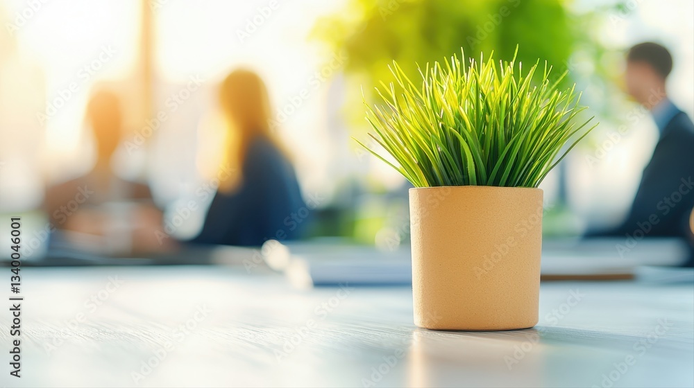 Poster a small potted plant symbolizing growth and collaboration in the foreground with a blurred backgroun