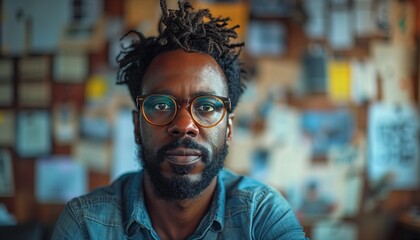 Fototapeta premium Close-up portrait of a man with dark skin, a beard, and dreadlocks wearing glasses. He has a serious and pensive expression, looking directly at the camera. The background is intentionally blurred