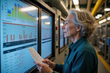 Senior Woman Analyzing Data on Screens in a Modern Industrial Facility: Insights from Charts, Graphs, and Performance Metrics