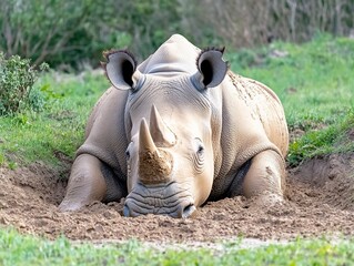 White Rhino Resting in Mud Nature Wildlife