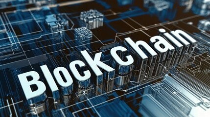A 3D rendering of the word "Blockchain" in bold, white, sans-serif font, positioned prominently against a complex, abstract background.  The background simulates a circuit board or microchip,