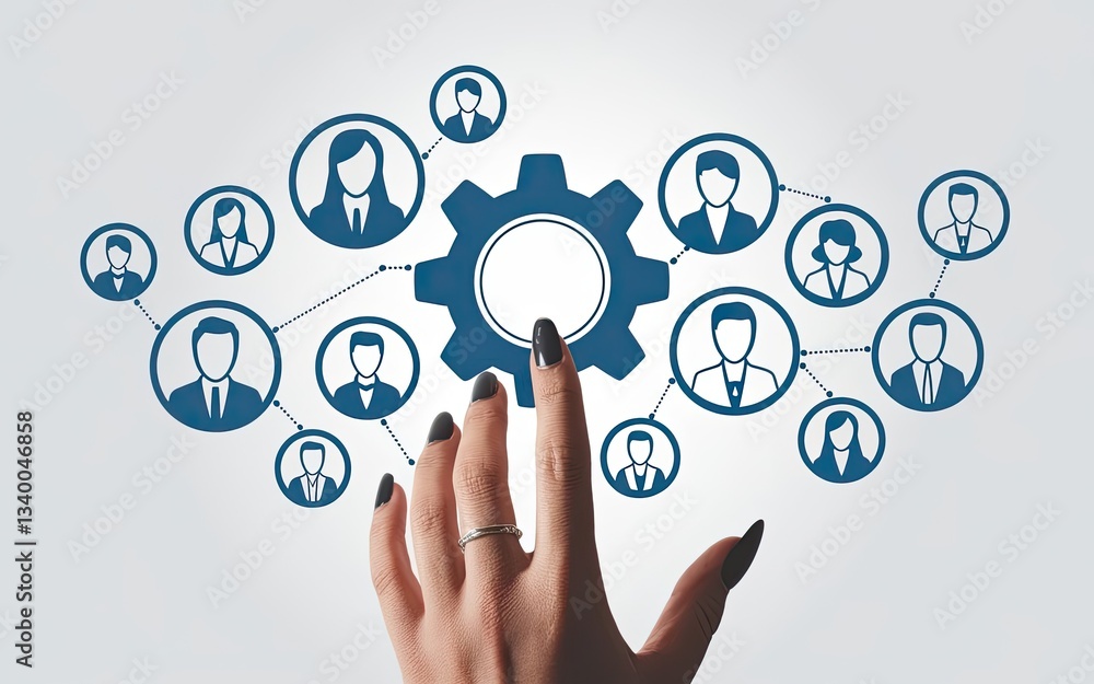 Poster navigating connections: a female hand points to a gear icon at the center of a network of linked pro