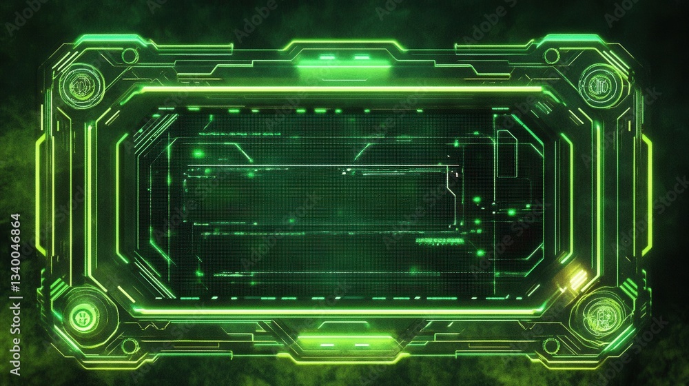 Poster a futuristic green glowing display panel with circuit board lines