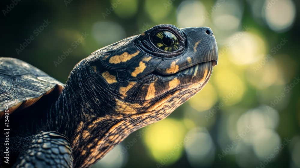 Poster Close-up of turtle with patterned shell against blurred green backdrop. Nature and wildlife concept