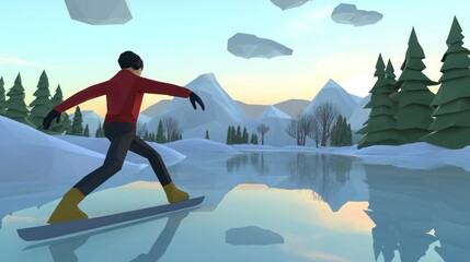 Snowboarder glides over frozen lake in snowy mountains