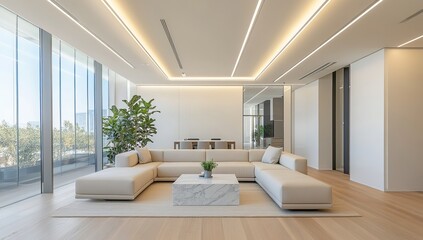Fototapeta premium Modern Sectional Sofa Design in a Luxurious Apartment with Stunning City Views and Recessed Lighting