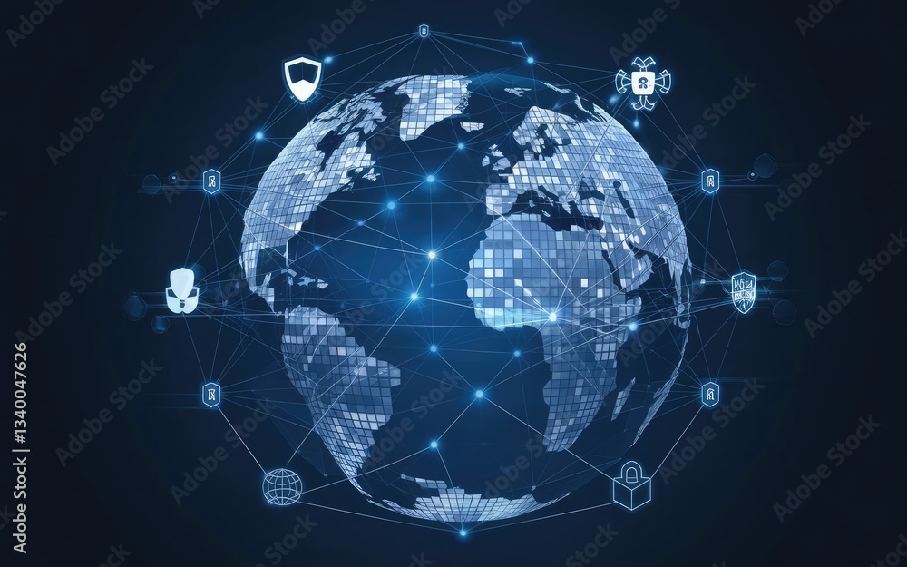 Poster global network security: a digitally rendered image portrays the interconnectedness of global data s