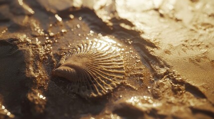 A detailed image of a seashell resting on wet sand