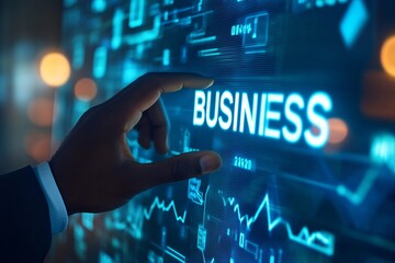 businessman engaging with holographic business interface
