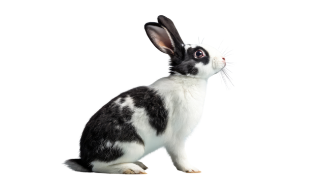 Charming black and white bunny in a standing pose, perfect for Easter themes, pet designs, and animal illustrations on transparent background PNG. - Powered by Adobe
