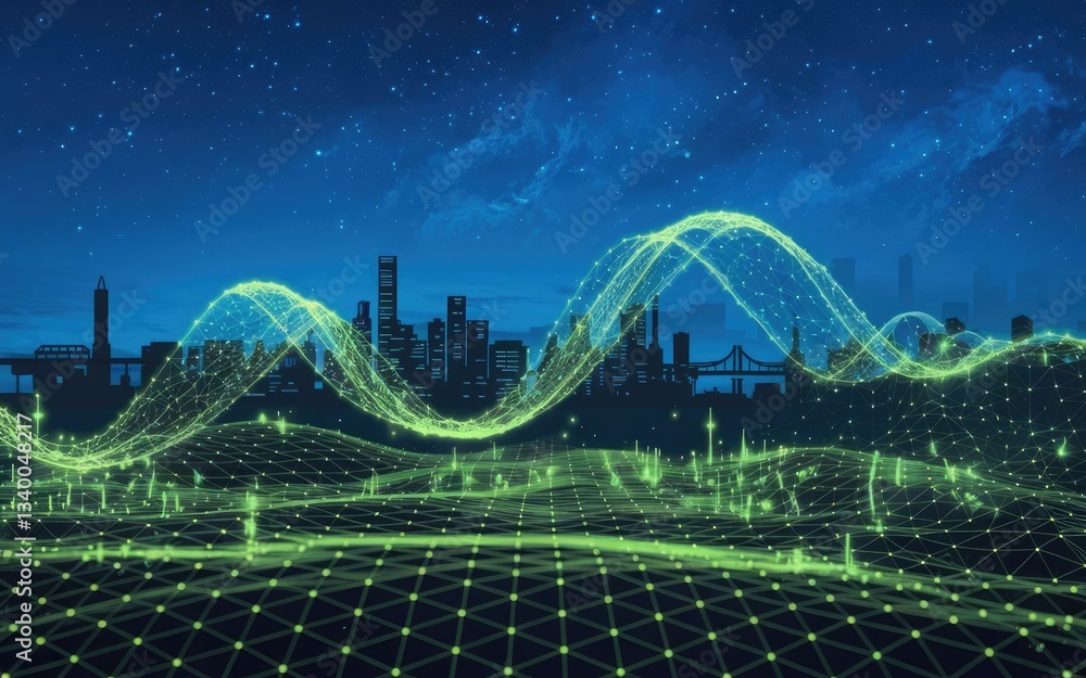Poster digital skyline: a futuristic depiction of a cityscape illuminated by intricate data patterns, symbo