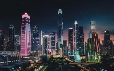 Naklejka premium Illuminated Metropolis: A breathtaking cityscape comes alive at dusk, skyscrapers piercing the twilight sky. A futuristic panorama of urban elegance and architectural wonder.