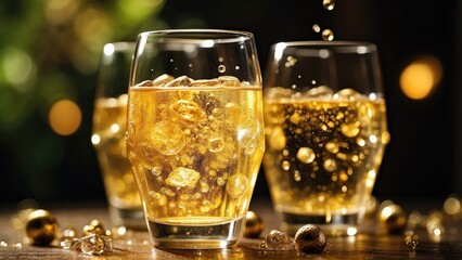 Close-up view of glasses filled with a golden, carbonated drink,