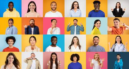 Fototapeta premium A cheerful collection of individuals of various backgrounds share smiles and positive energy. Each person exudes happiness against vibrant backgrounds, promoting unity and diversity.