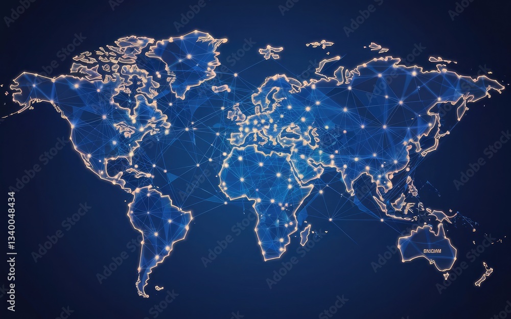 Poster global network: digital depiction of the world map, interconnected with luminous points and lines, s