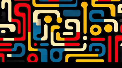 Abstract design with colorful interconnected shapes.  Intricate maze-like pattern.  Dynamic, bold colors