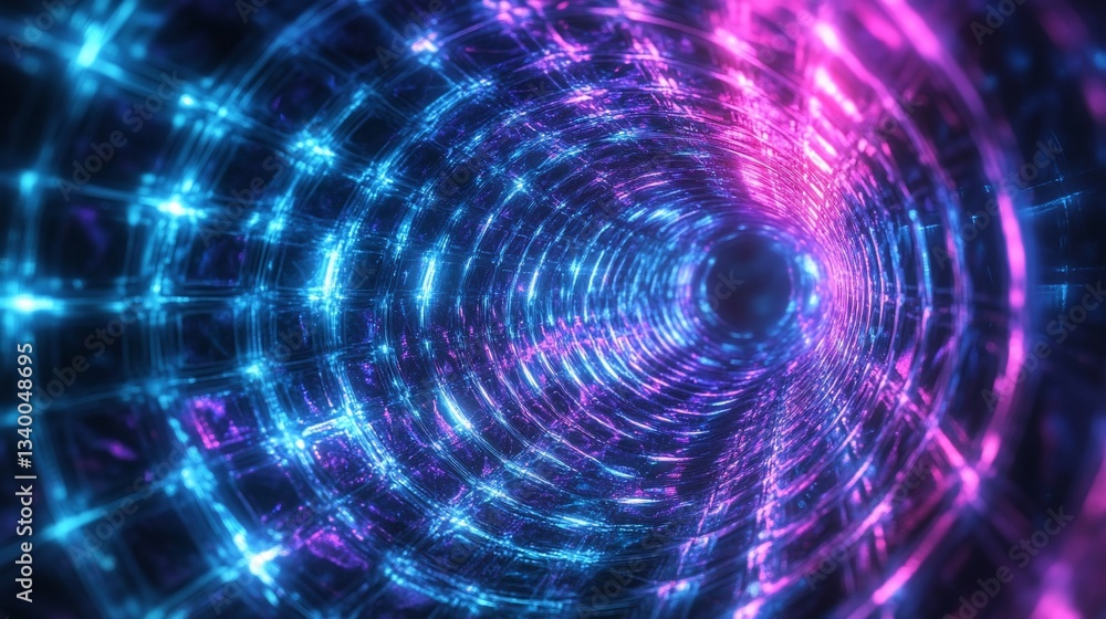 Poster abstract digital tunnel with glowing lines, creating a futuristic circular design
