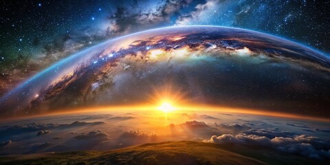 Double Exposure: Sunrise, Earth, & Milky Way Galaxy - Stunning Space Landscape