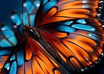 Close-up of a butterfly wing with blue and orange wings.(good for graphic use)