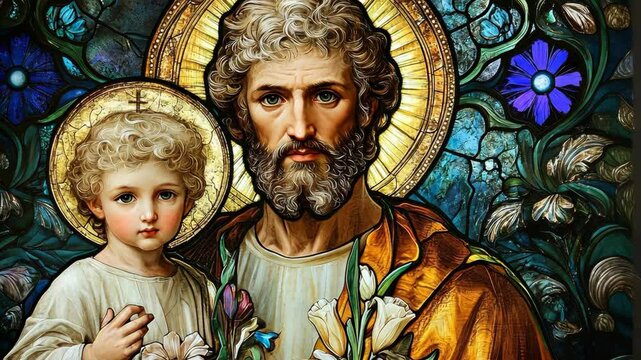 Saint Joseph holding Baby Jesus surrounded by colorful stained glass artwork depicting flowers in a serene environment