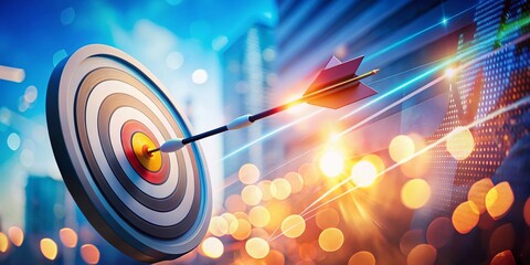 Fototapeta premium Double Exposure: Three Arrows Hitting Target Infographic - Business Goal Achievement